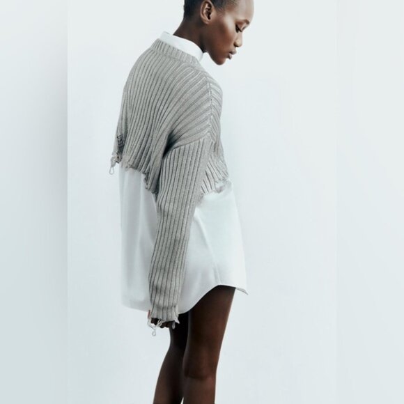 Zara ZW Collection CONTRAST TRIM KNITTED POLO SWEATER Silver / Metallic Size L - Picture 4 of 16